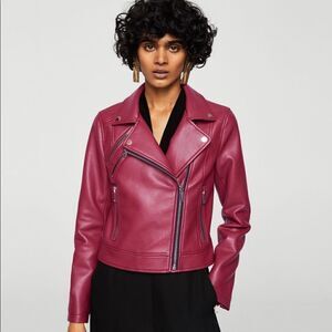 Mango dark red faux leather moto jacket size XS